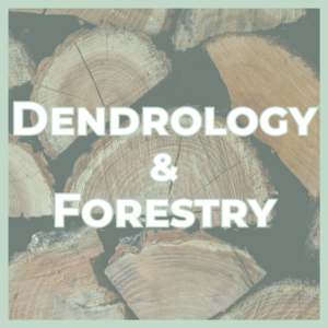 Poster-style title card: 'DENDROLOGY & FORESTRY' over a stacked log background with a mint border.