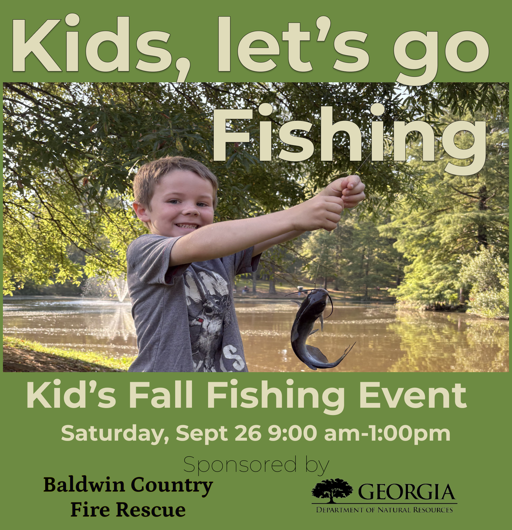 Boy smiling while holding a fishing line by a lake, with bold banner text 'Kids, let’s go Fishing' across the top; outdoors setting in trees and water.