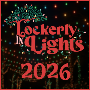 Decorative poster that says 'Lockerly in Lights 2026' with a stylized tree and colorful string lights against a dark background.